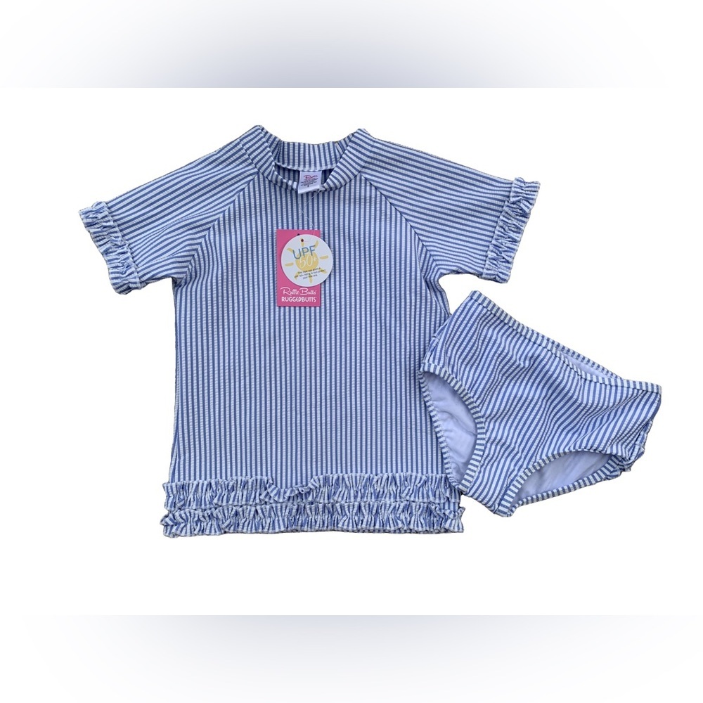 Ruffle Butts Blue and White Striped Kids Swim Bikini